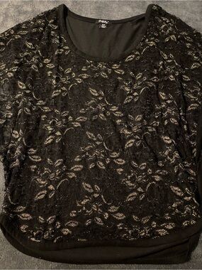 Rhapsody Black Metallic Lace-Overlay Pullover Top